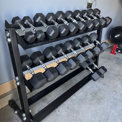 New Rubber Hex Dumbbells 5lbs-50lbs/Dumbbell rack included/ Gym Equipment/Weights/Exercise/Training 