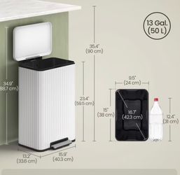 Trash Can,13 Gallon (50 L) Garbage Can for Kitchen with Lid,Pedal and Removable Inner Bucket,Soft Close,15 Trash Bags Included,Cloud White