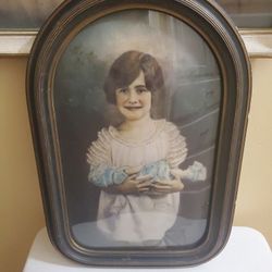 Antique Curved Convex Bubble Glass Frame Colorized Little Girl Hding Baby Doll Portrait 