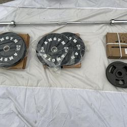 Bumper Plates Weights Set And Barbell 🏋️ Set De Pesas Y Barra 