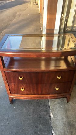 Dark Wood Nightstand with Glass Top and Drawers