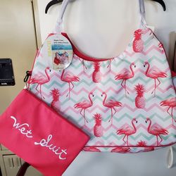 New Lined Beach Bag And Pouch,  Larger Size