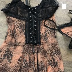 Naomi Leopard Mesh 2 Piece Corset And Thong