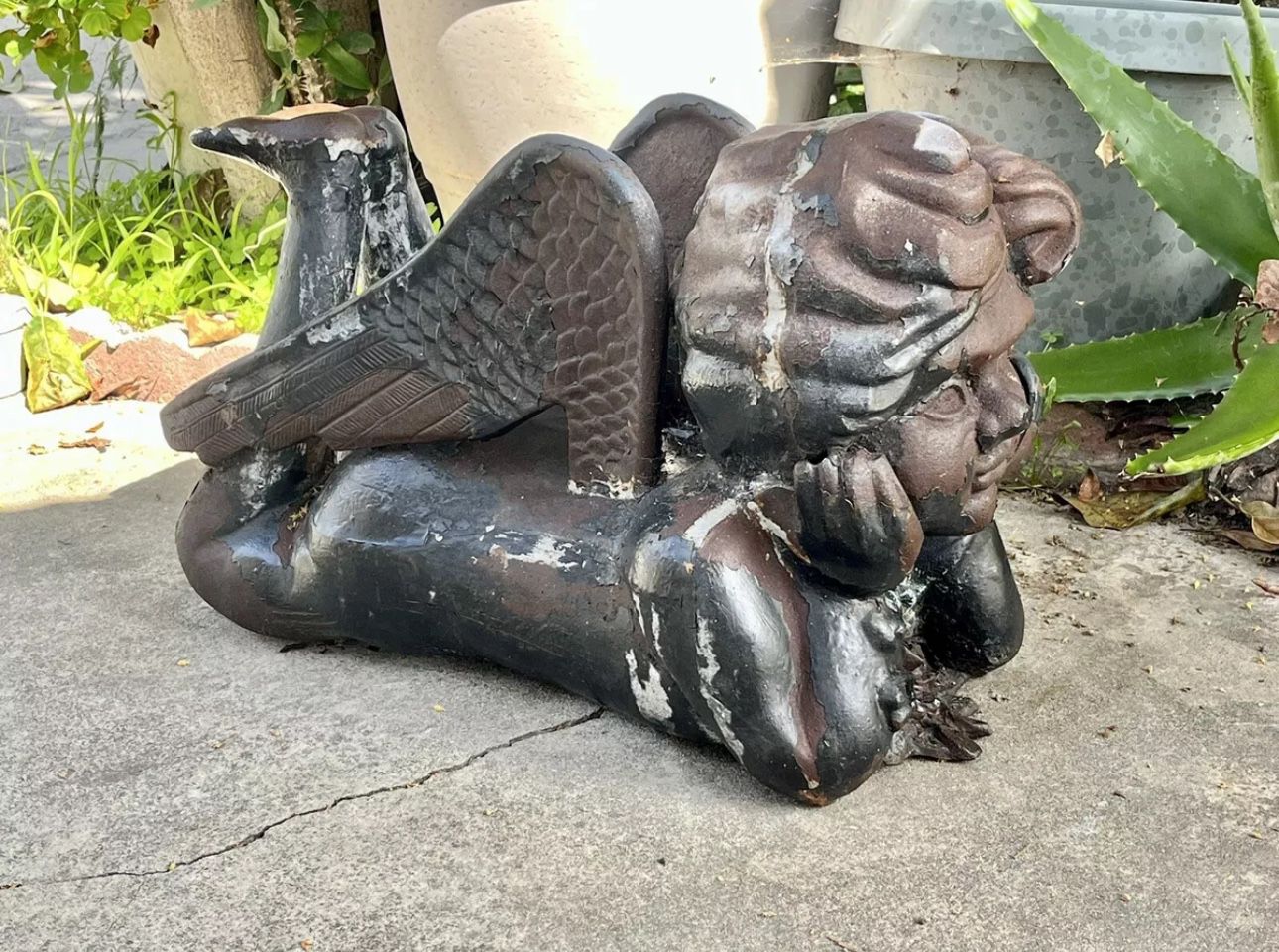 Vintage Cast-Iron Resting Angel Statue Sculpture Tall 28”Long