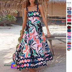 Flowers Print Wavy Pattern Suspender Long Dress For Women Fashion A-Line Beach Dresses Womens Clothing

