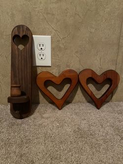 Vintage wooden hearts and candle stick holder