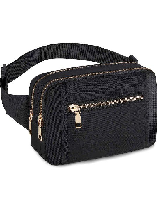 Black Fanny Pack Waist Pack Belt Bag for Men Boys Girls with 5 Pockets Adjustable Belts, Cute