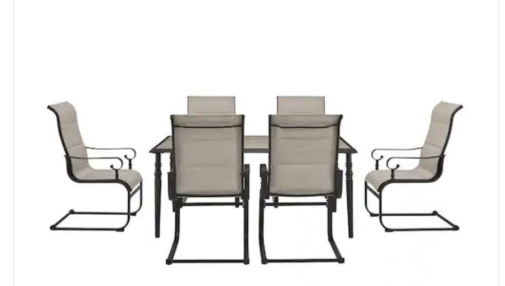 7-Piece Metal Outdoor Dining with Wood Finish Table, Rocking Chairs in Putty
