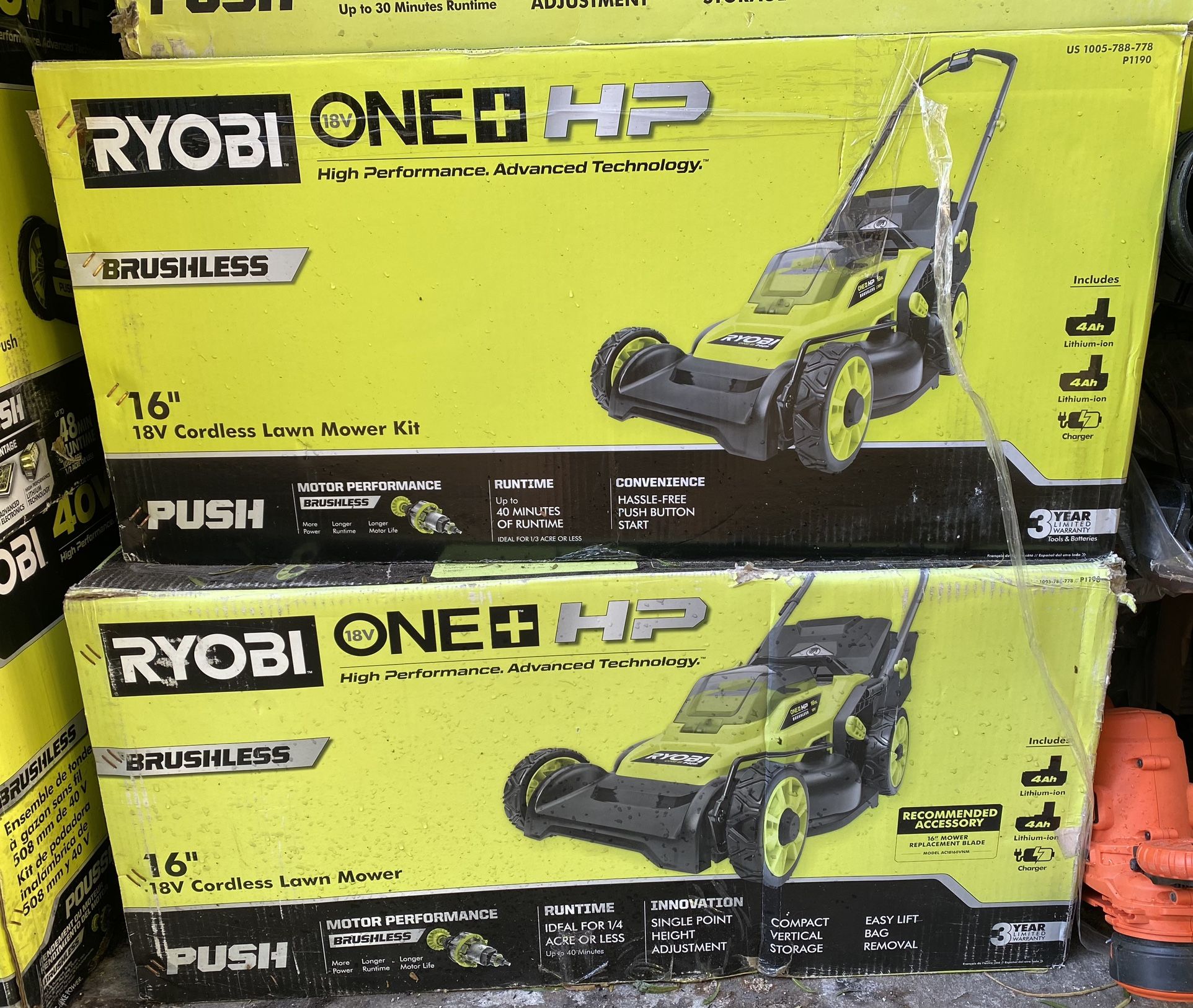 RYOBI ONE+ HP 18V Brushless 16 in. Cordless Battery Walk Behind Push Lawn Mower with (2) 4.0 Ah Batteries and (1) Charger