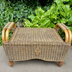Mid-century Ottoman bench, bamboo and rush
