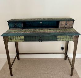 Coastal Rustic Wood and Iron 3-Drawer Desk with Desktop Hutch