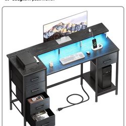 47 Inch Computer Desk with 5 Fabric Storage Drawers, Gaming Desk with Power Outlets & LED Lights,