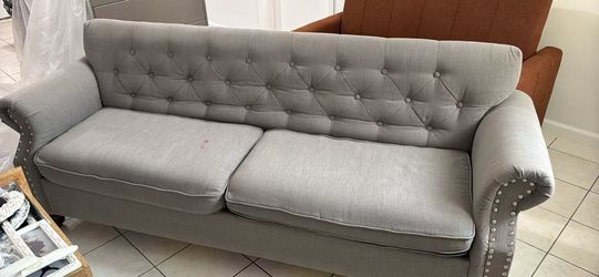 Grey Tufted Back Sofa with Nailhead Trim