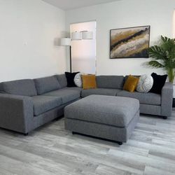 Sectional Couch WEST ELM Grey & Ottoman