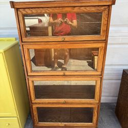 Antique / Vintage mid century Barristers Oak & Glass 4-Tier Bookcase Shelf Cabinet.  13 1/2 deep x 32 1/2 x L x 58 H. 