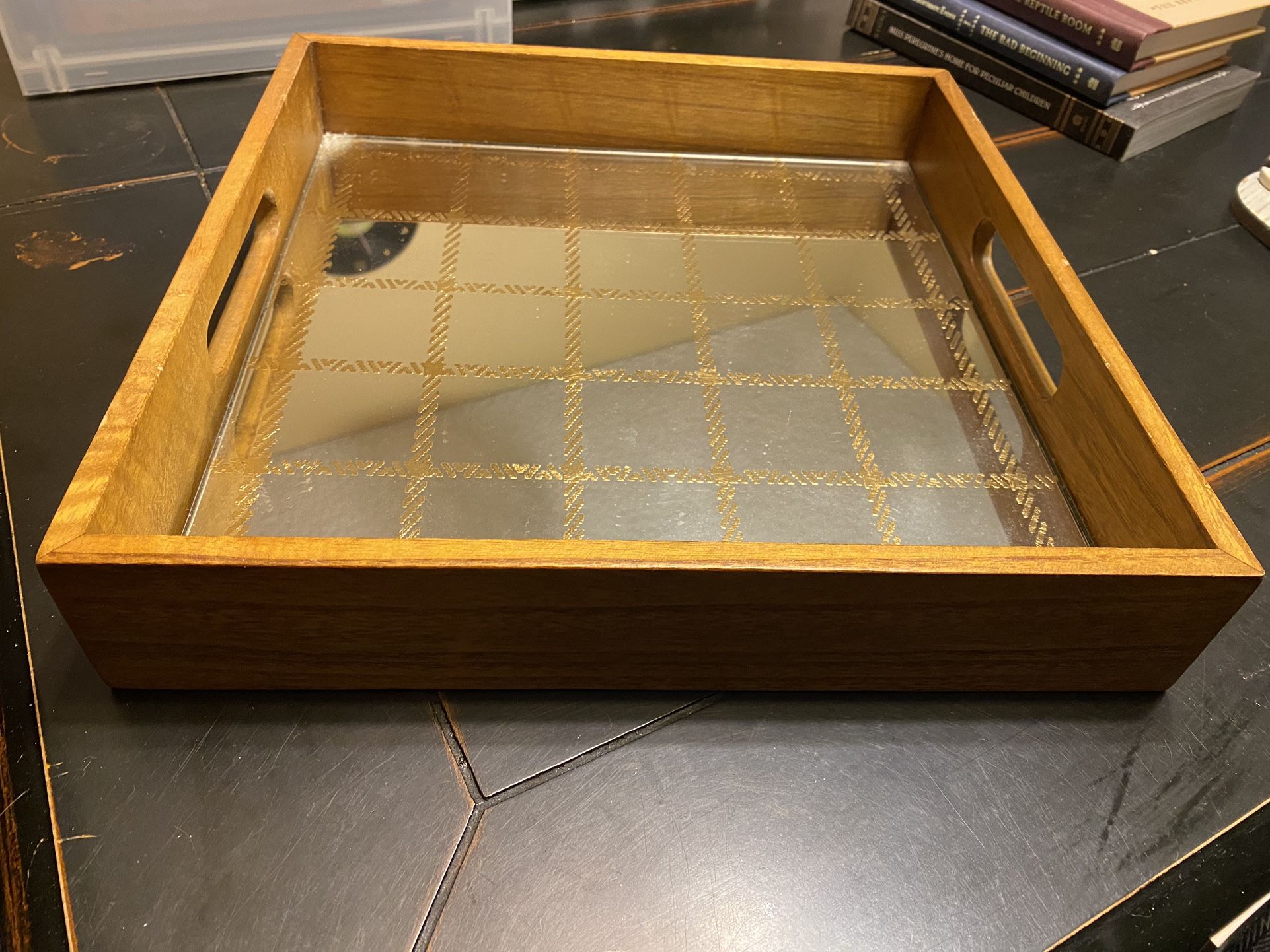 Wood Mirrored Tray With Gold Accents