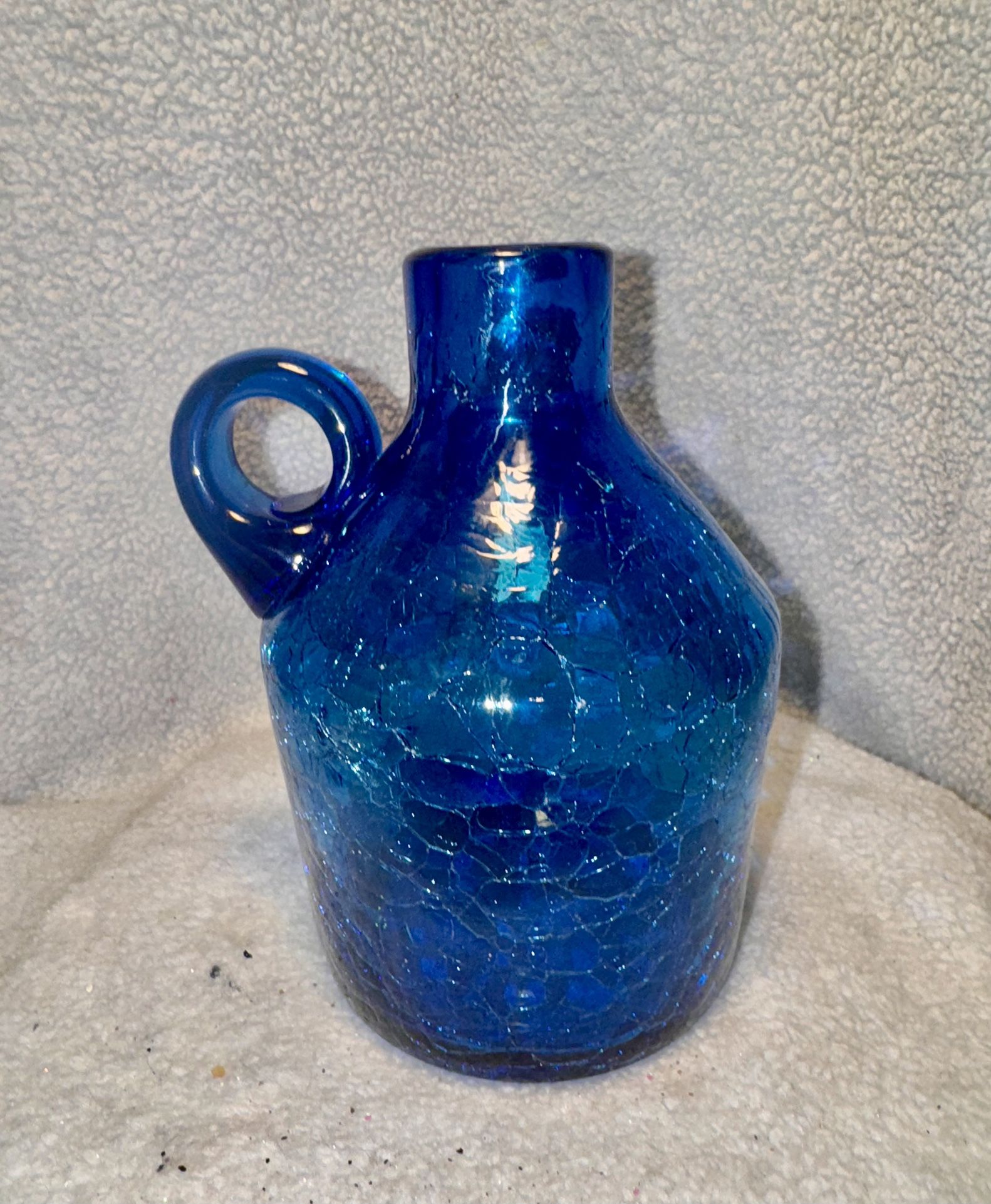 Vtg Deep Blue Crackle Glass Jug Vase