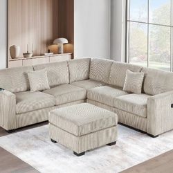 4-Pc Wide Welt Corduroy Sectional Sofa With Ottoman 
