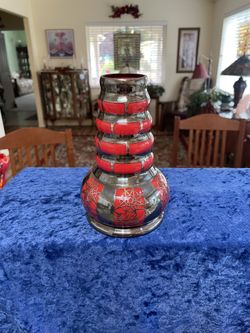 Art Nouveau Ox Blood Red w/ Ornate Silver Overlay Bohemian Art Glass Vase. “H”