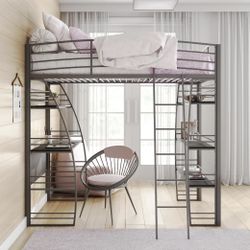 Twin Metal Loft Bed with Integrated Desk and Shelves, Silver