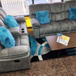 Summer clearance sale. Barcelona, soft, gray reclining sofa and loveseat set only $1199. Easy finance option. Same-day delivery.