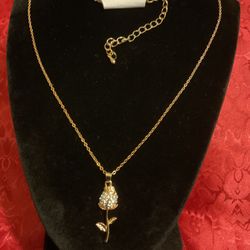 Gold Necklace With Rose Pendant W/rhinestones,by It Girl