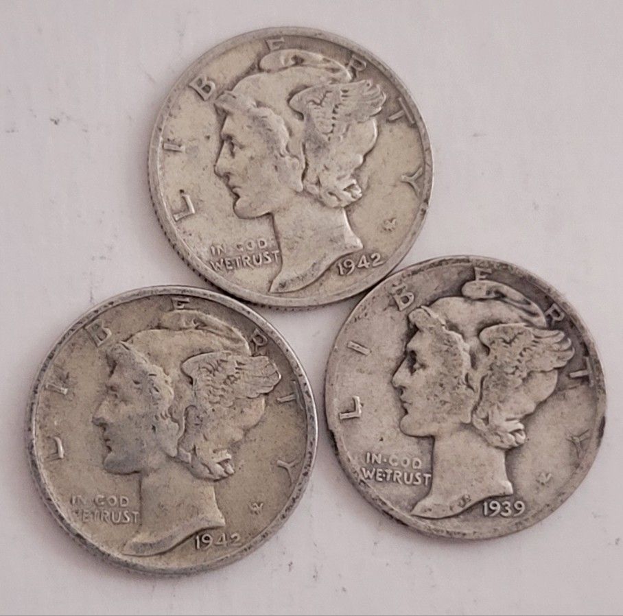 3 Silver Mercury Dime Coins