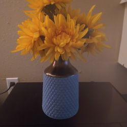 Yellow Artificial Flowers In Blue Ceramic And Metal Vase 