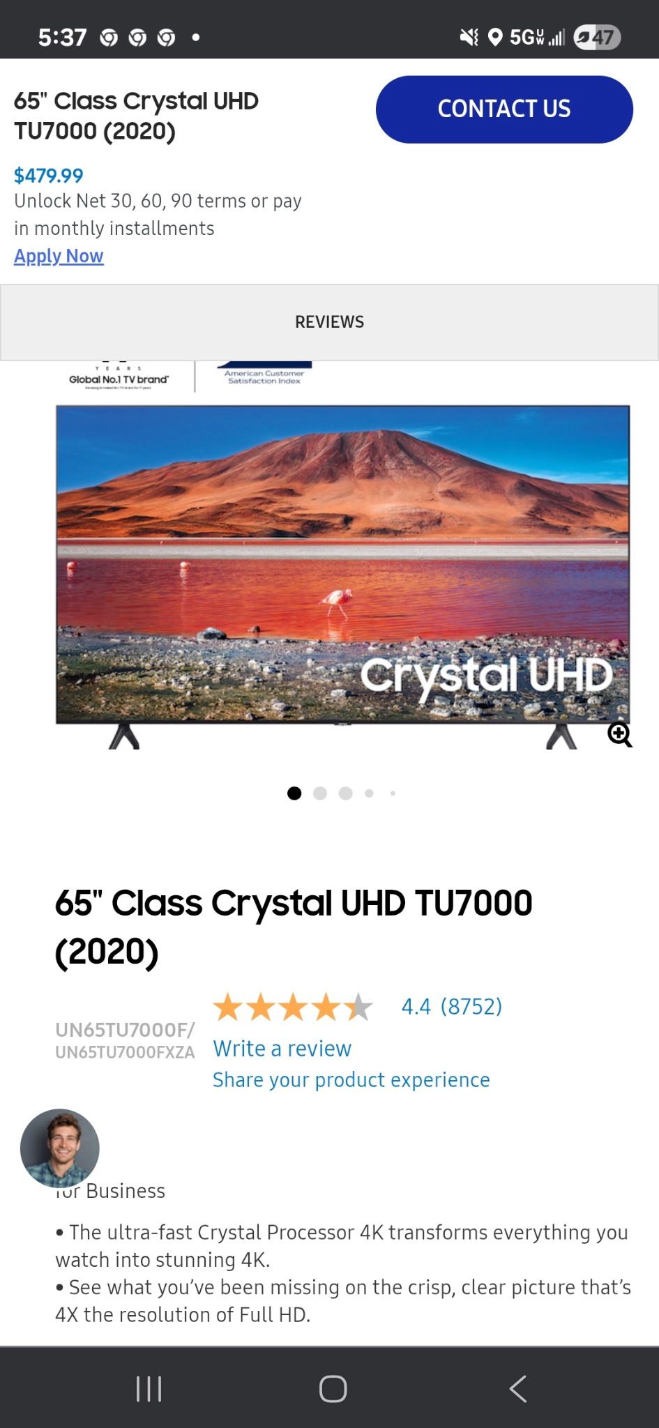 Samsung Tv 65” Class Crystal UHD
