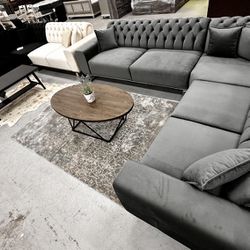 Oscar Gray Modern Huge L Shaped Button Tufted Sleeper Sectional Sofa