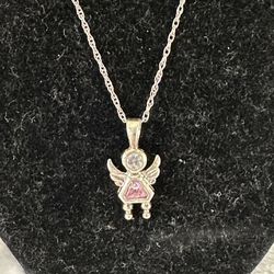 925 Pink & Clear CZ Little Girl Angel 18” Pendant & Chain Are Signed Great Condition