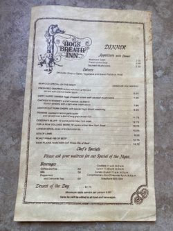 1980’s Menu Hogs Breath Inn Carmel, CA