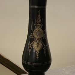 Vintage Black and Gold Solid Brass Vase With Hand Etched Design Made In Indian
