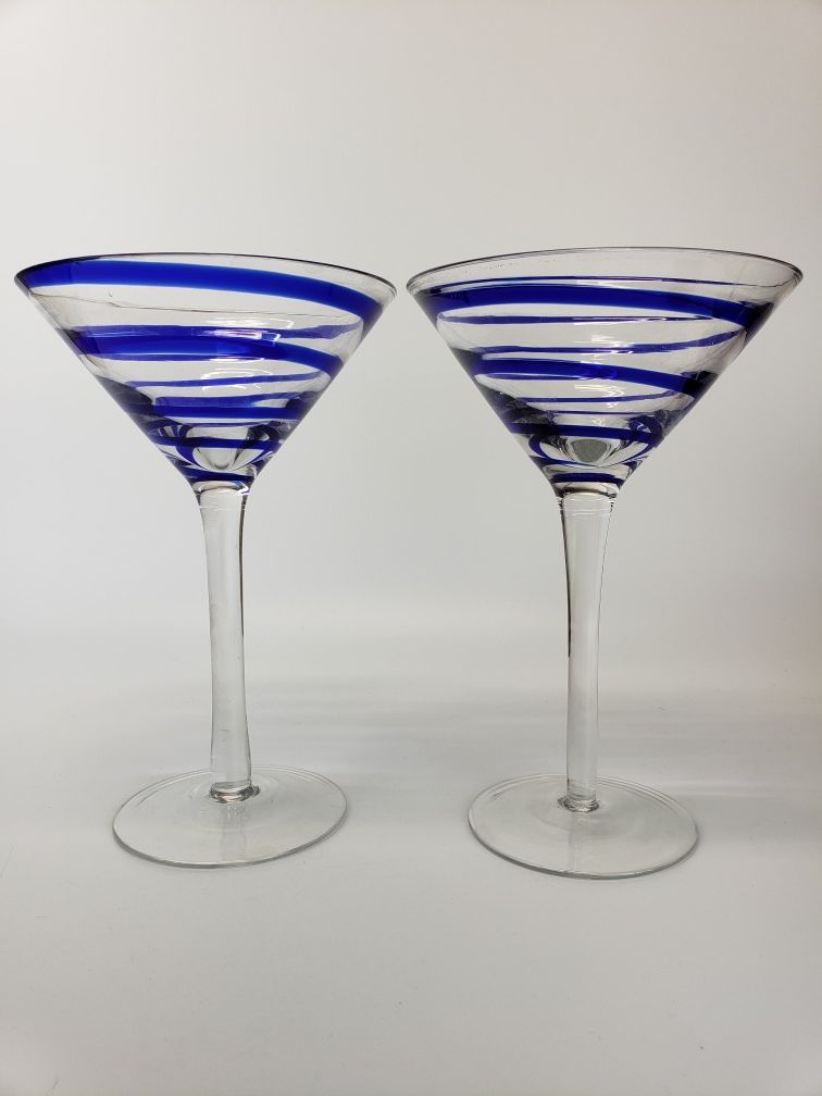 (2) Hand Blown Cobalt Blue Spiral Art Glass Martini Glasses /Stemware