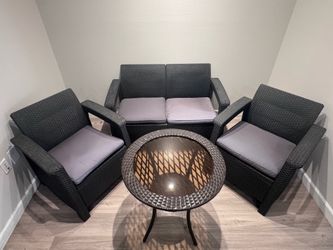 4-Piece Plastic Wicker Patio Set w/ Cushions – 50” Bench + 29” Chairs