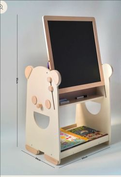 Kids Wooden Bear Easel with Chalkboard and Storage