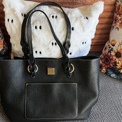 Dooney & Bourke Black Pebble-Grain Leather Tote Bag – Braided Handles, Red Lining