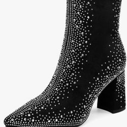 Sparkly Rhinestone Block Heel Ankle Boots