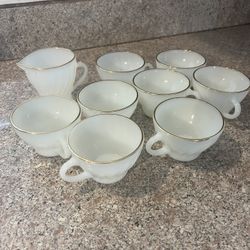 Vintage Fire King Anchor Hocking 8 cups, 1 creamer Milk Glass
