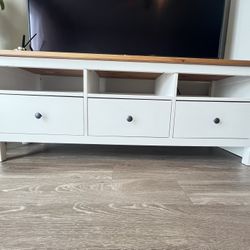 Modern White TV Stand with Storage Drawers and Natural Wood Top