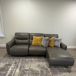 Gray leather 3 piece sectional with chaise and recliner