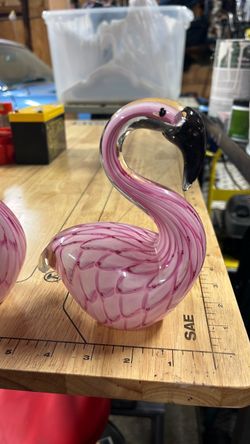 Hand blown glass, pink burgundy, and white and clear flamingos