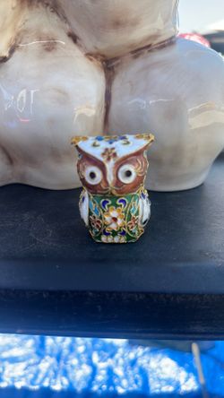 Metal Enamel Owl Figurine Collectible Handmade Multicolor Floral Design