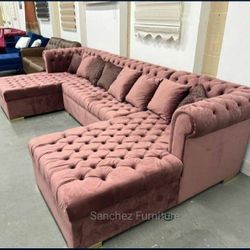 Double Chaise Velvet Over Size Pink Sectional Couch