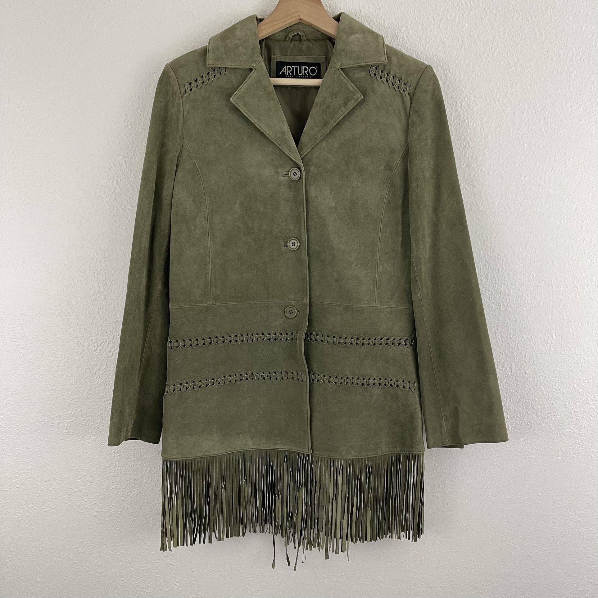 ARTURO Vintage 90s Army Green Suede Leather Grunge Fringe Hem Button Up Jacket