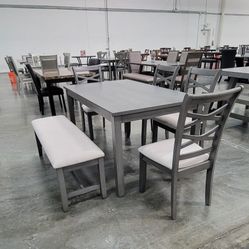 ✅️6 pcs gray finish wood dining table set, padded seat chairs and bench .