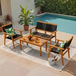 4-Piece Acacia Wood and Hand Woven Patio Conversation Seating Set, Black brand new in box $180 N66
