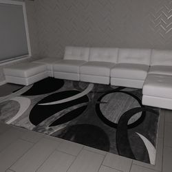 White Leather Sectional Sofa And Ottoman - Chateau D’Ax - 7 Piece