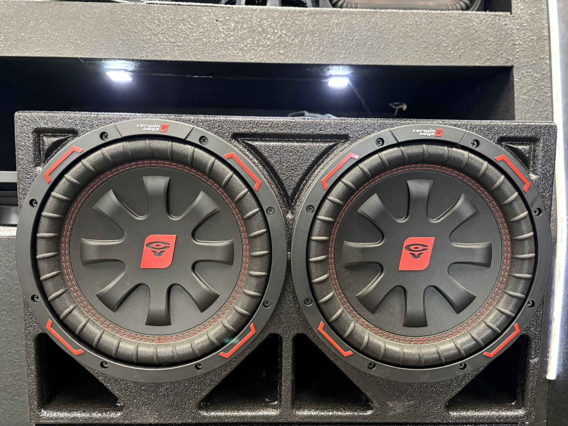 BRAND NEW 10” CERWIN VEGA SUBS LOADED INTO RHINO LINED BOX