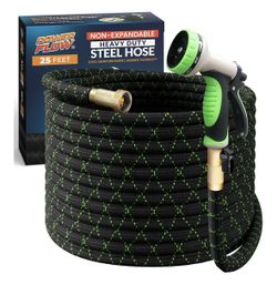 Garden Hose, NON-EXPANDABLE 25 Feet Stainless Steel Metal Water Hose with Durable Fabric Skin New